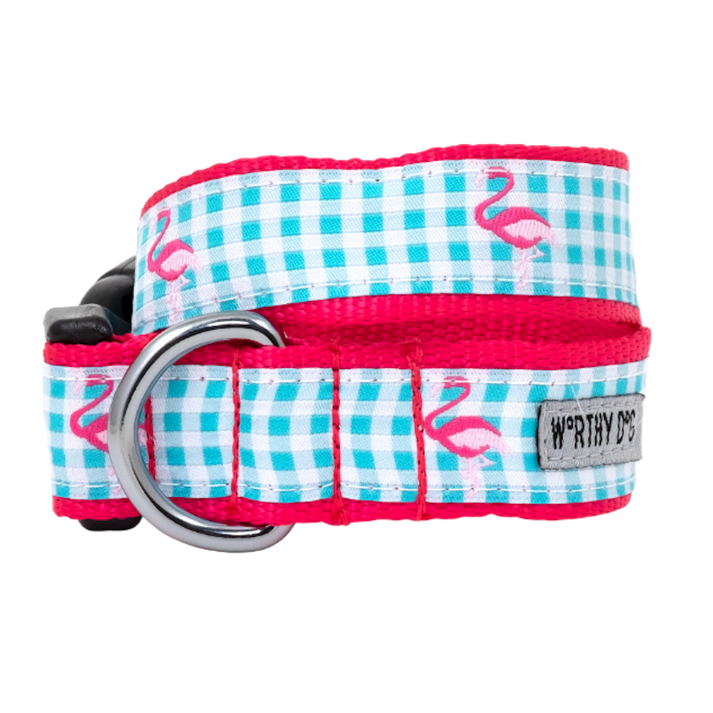 GINGHAM-PINK-FLAMINGOS-DOG-COLLAR