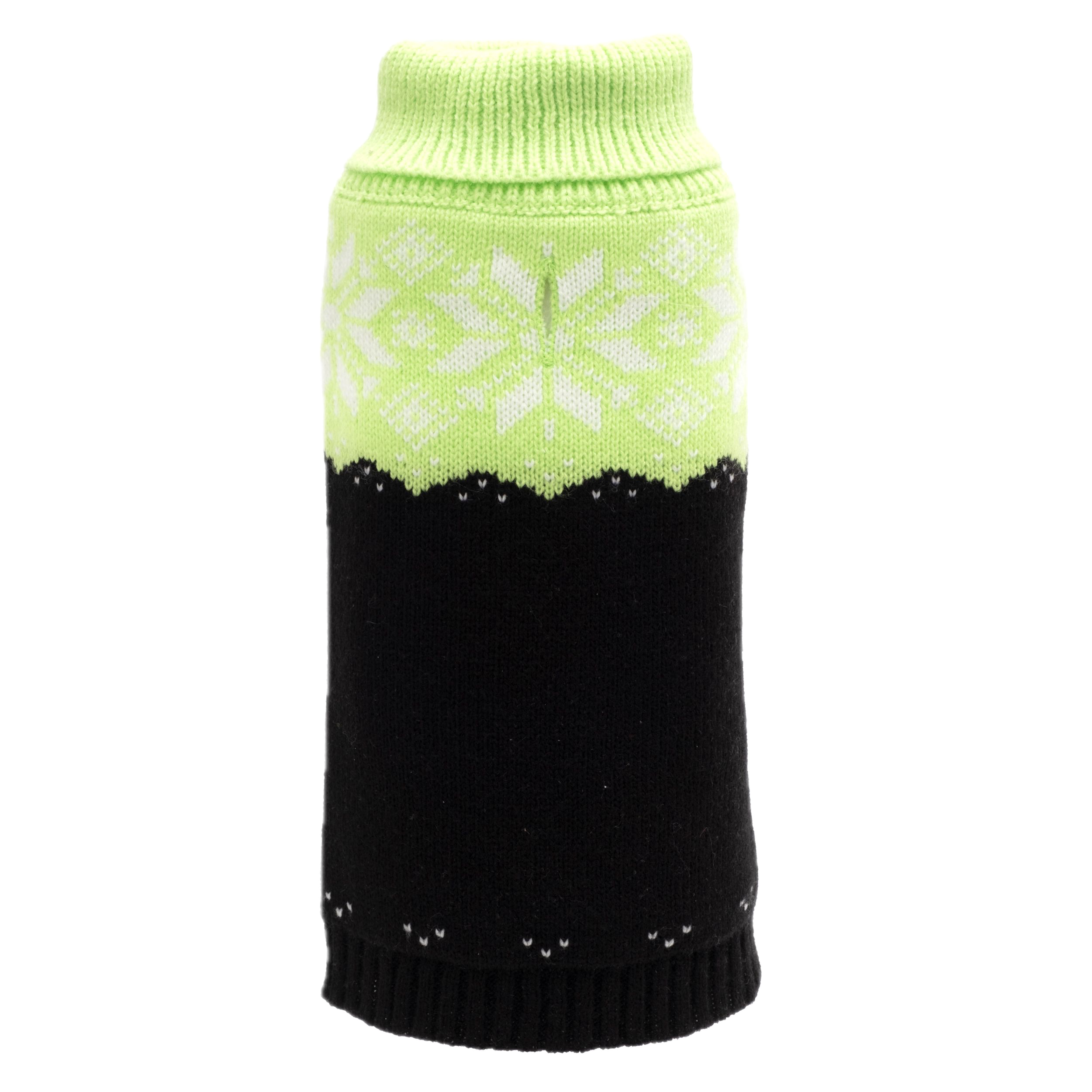 Dog sweater with green top and black bottom on a white background
