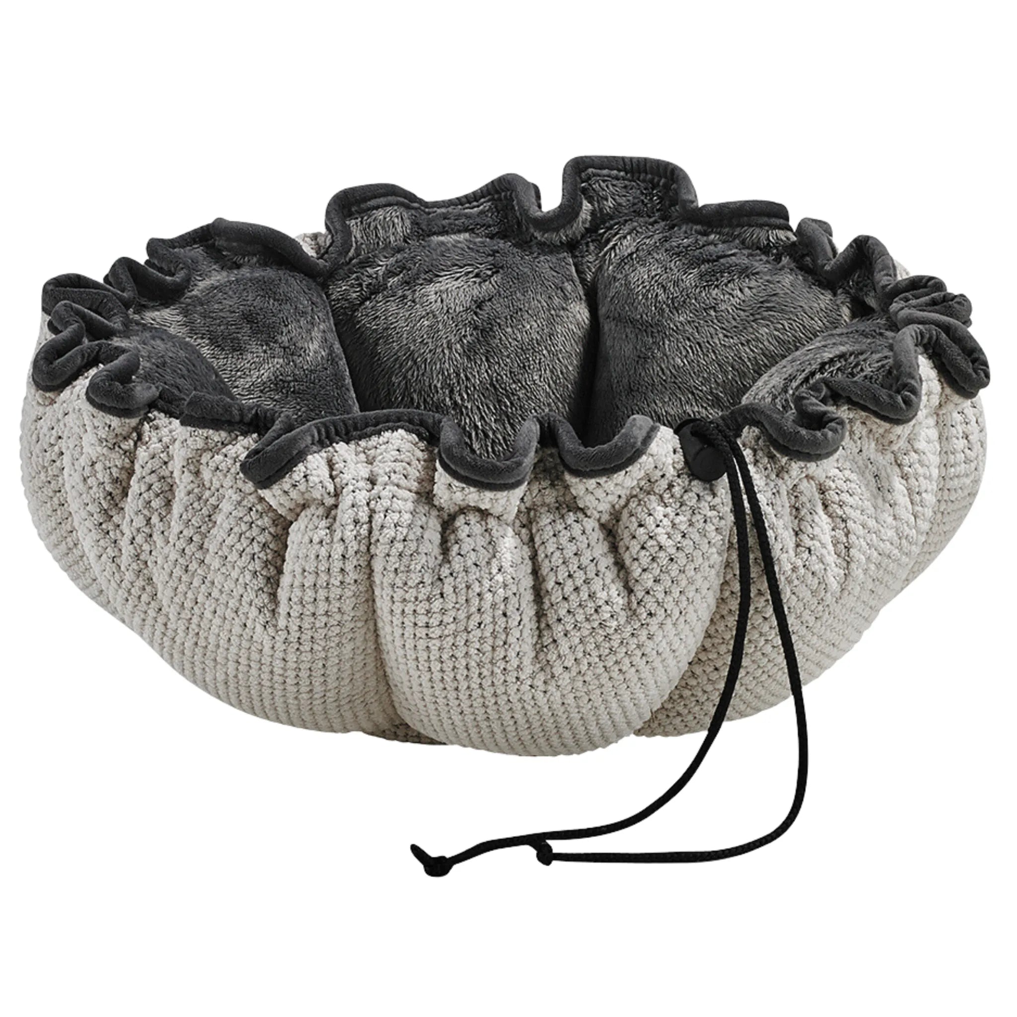 Gray pet bed with drawstring closure on a white background