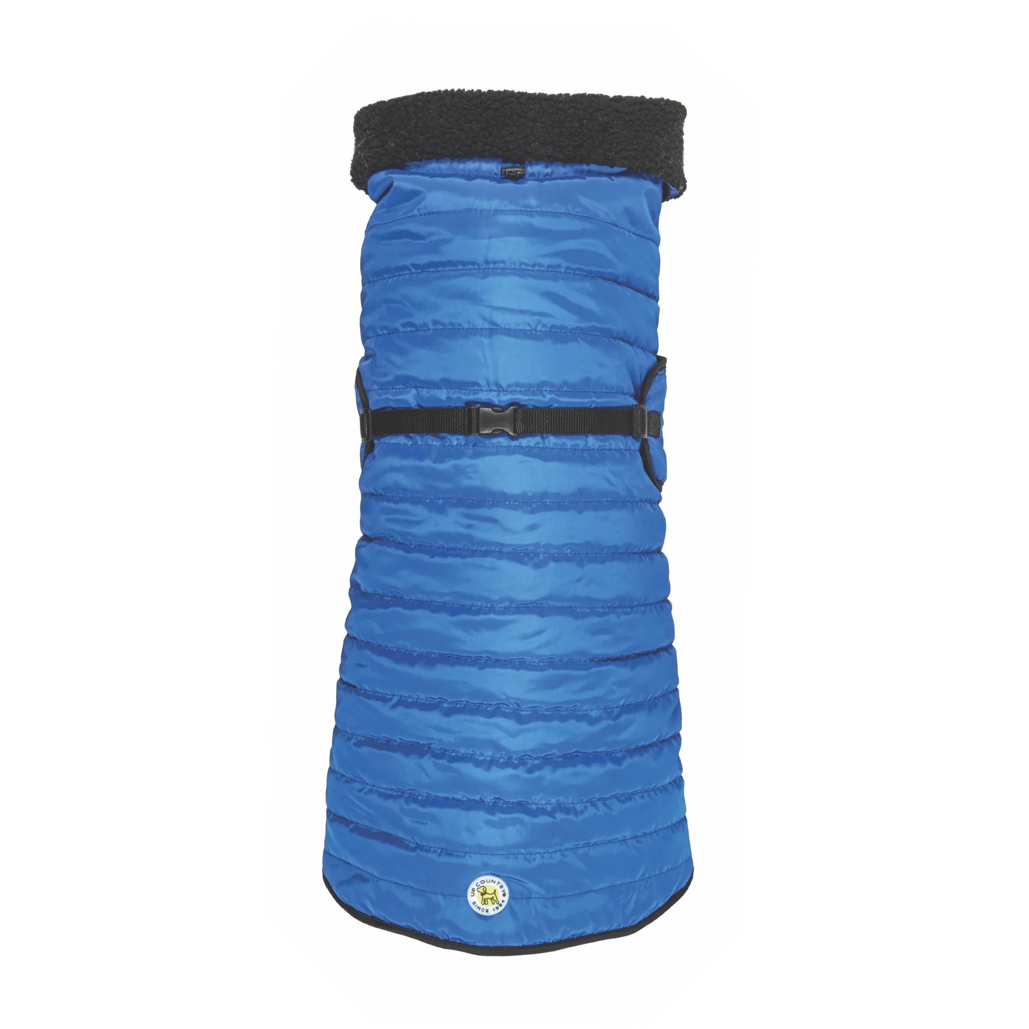 Blue dog coat with black trim on a white background