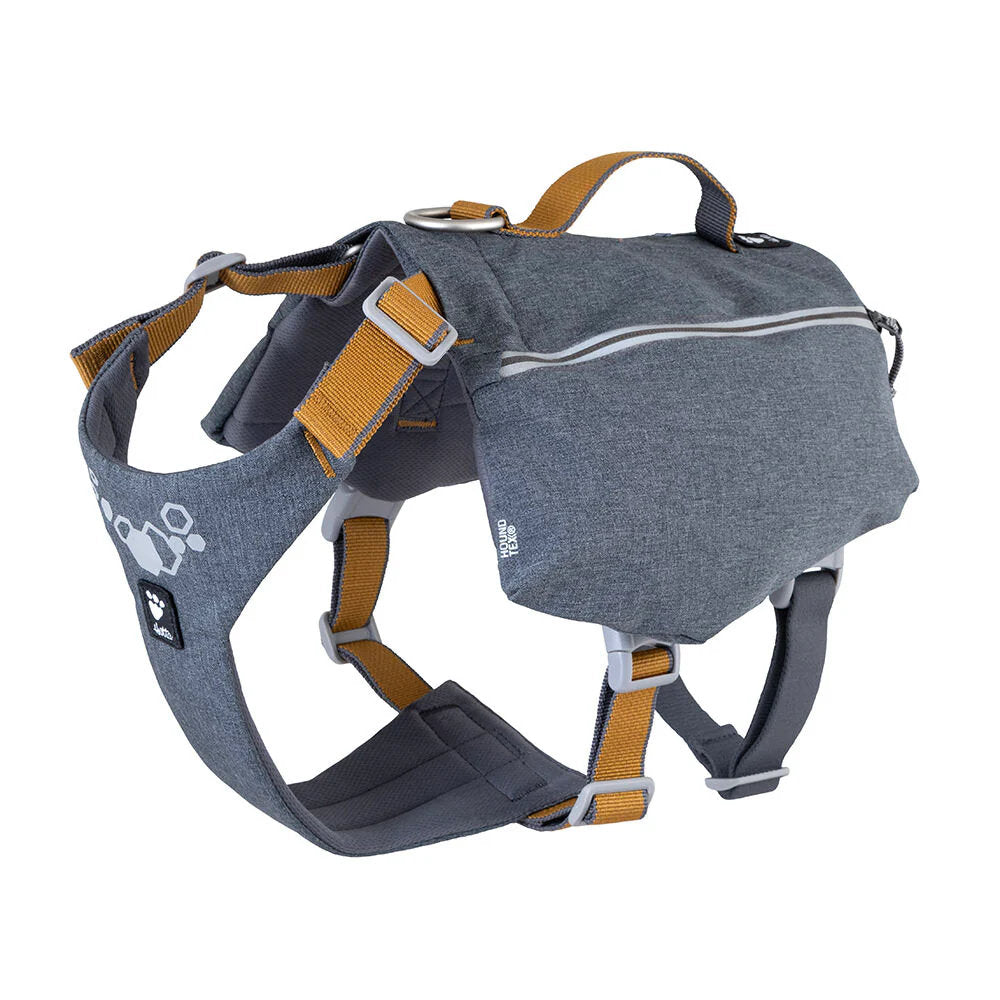 Gray dog harness with orange straps on a white background