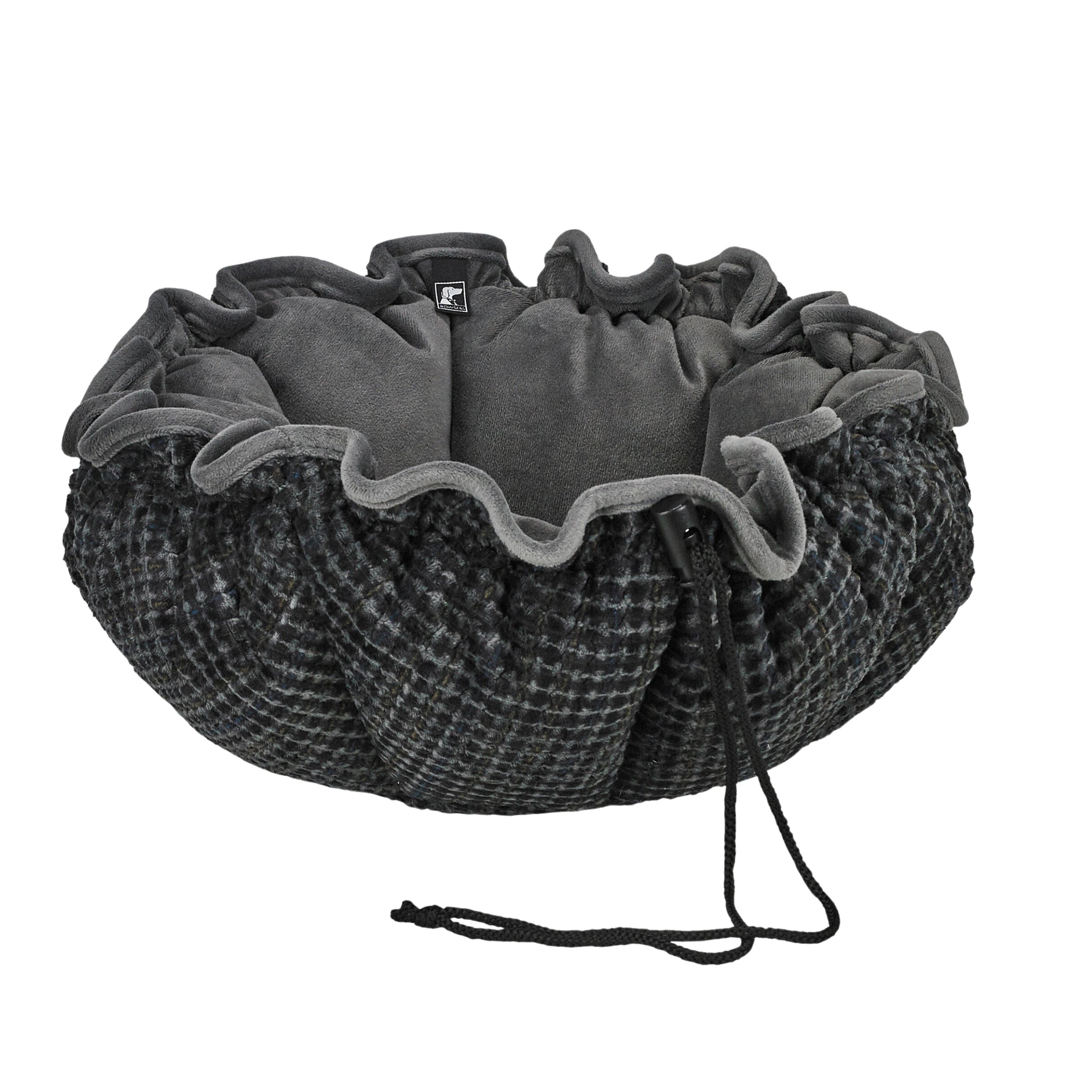 Gray drawstring bag with textured surface on a white background