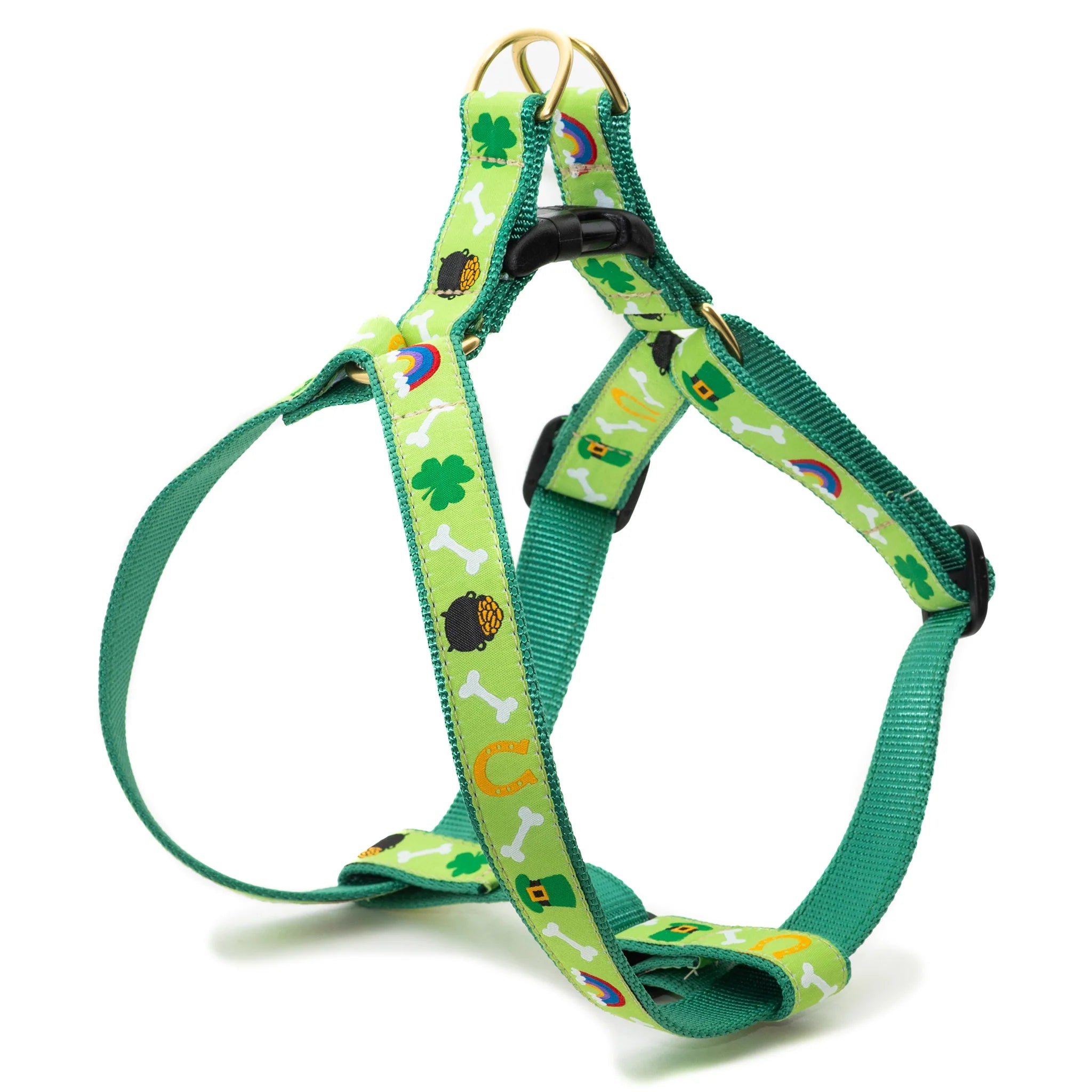 Green dog harness with colorful patterns on a white background