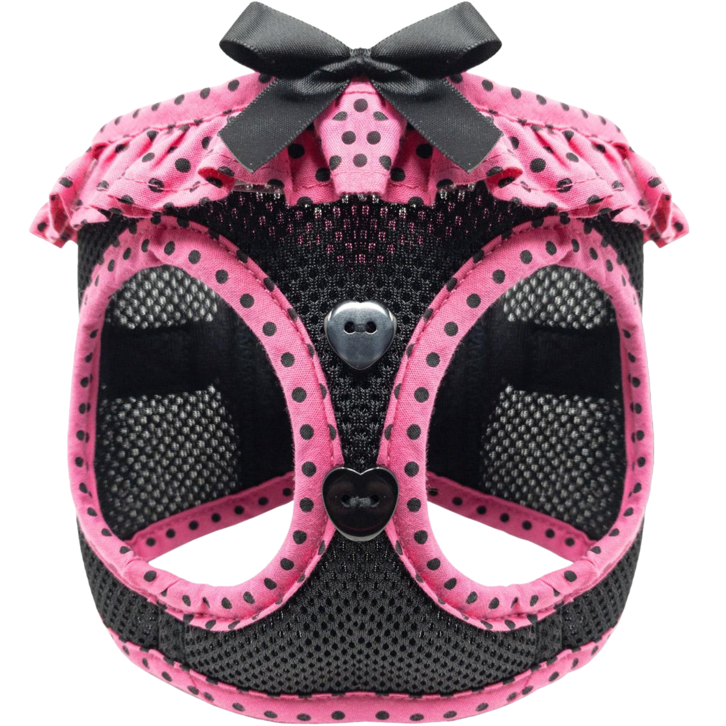 Pink and black pet carrier with a bow on a white background