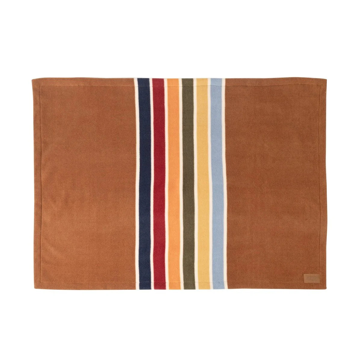 Brown towel with multicolored stripes on a white background