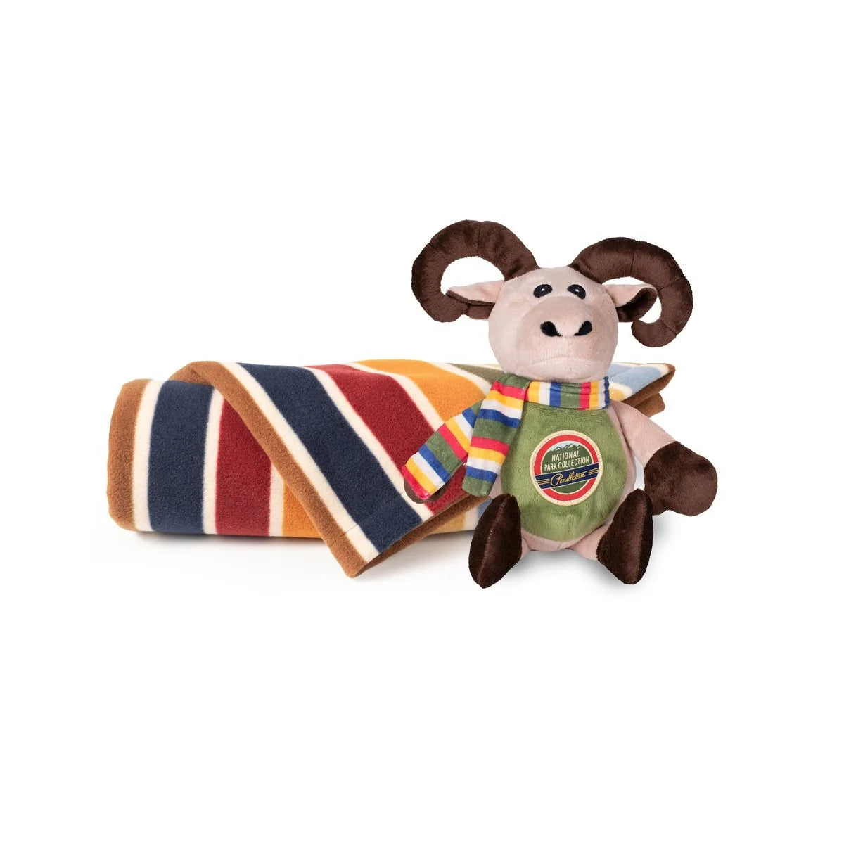 Plush toy ram with a striped blanket on a white background