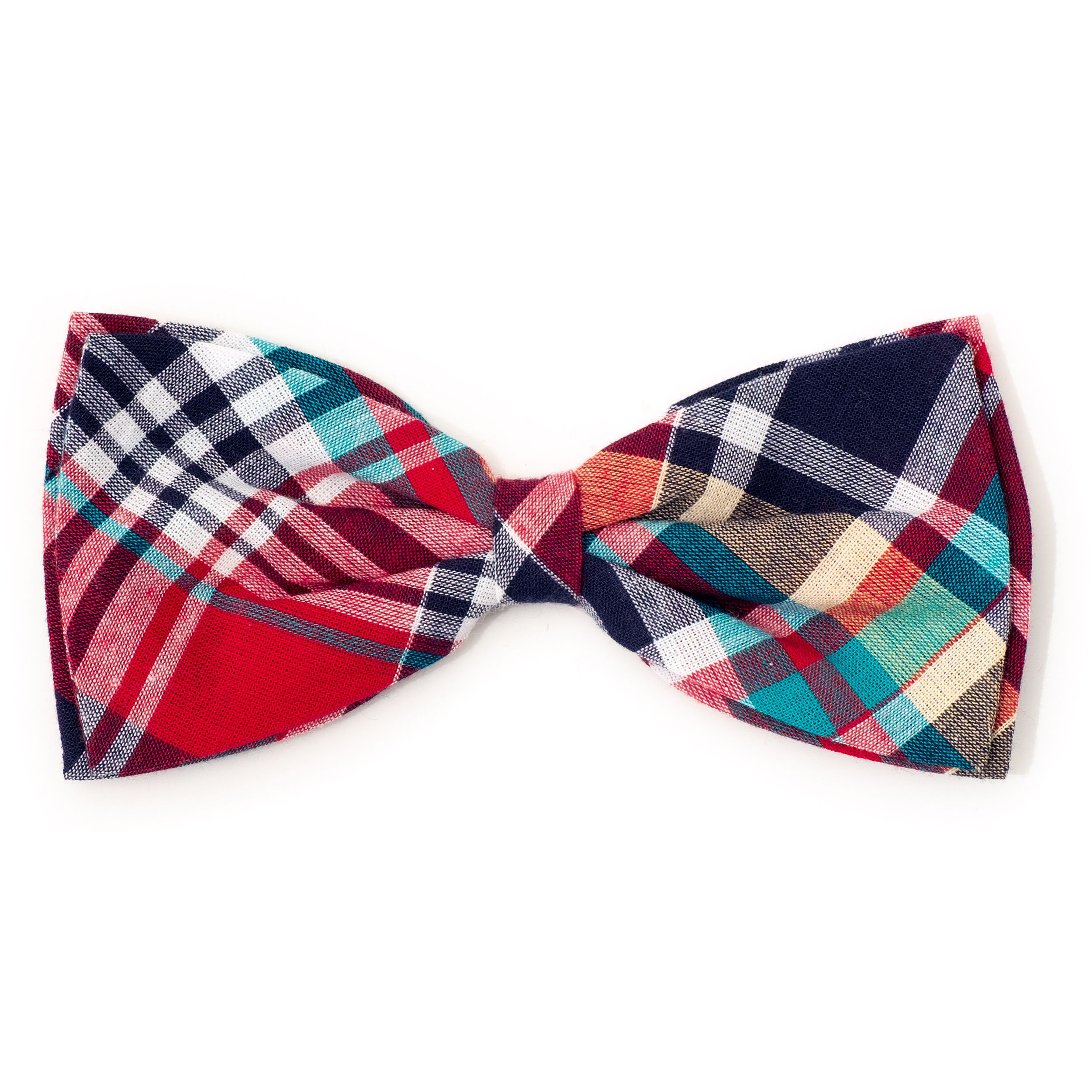 red-navy-multi-colored-madras-plaid-dog-bow-tie