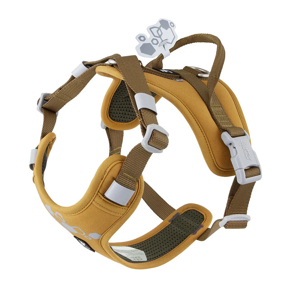 Brown dog harness with white accents on a white background